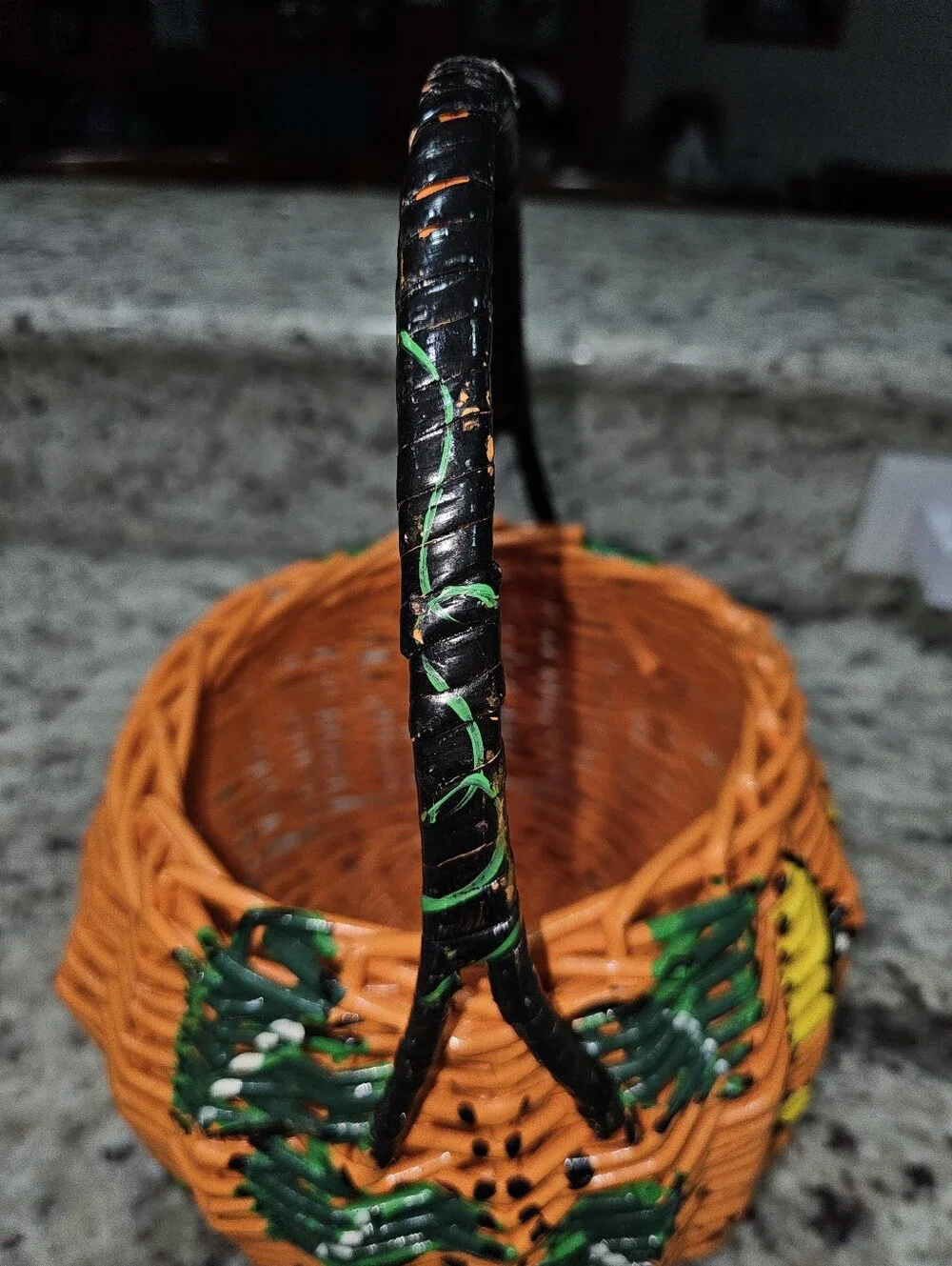Hand Painted Pumpkin Jack-O-Lantern Basket Spider & Leaves